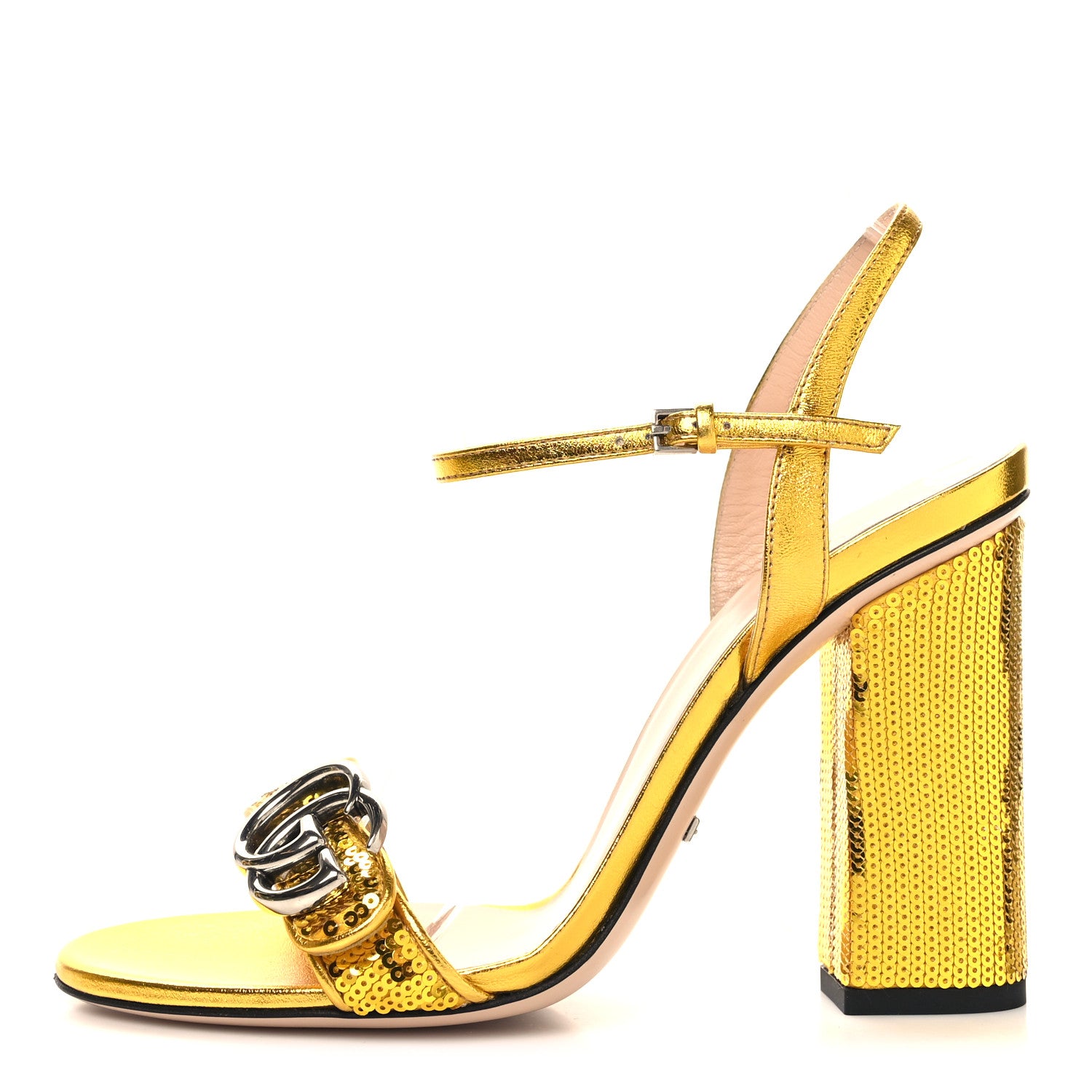 Gucci Sequin Satin Malaga Kid GG Marmont Ankle Wrap 75mm Sandals 37.5 Gold Yellow 1 of 8