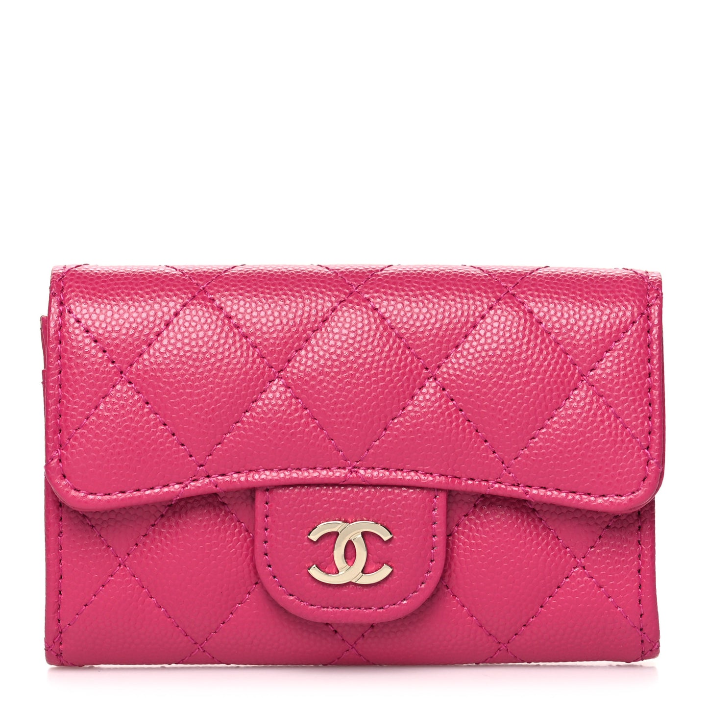 Caviar Quilted Flap Card Holder Wallet Dark Pink