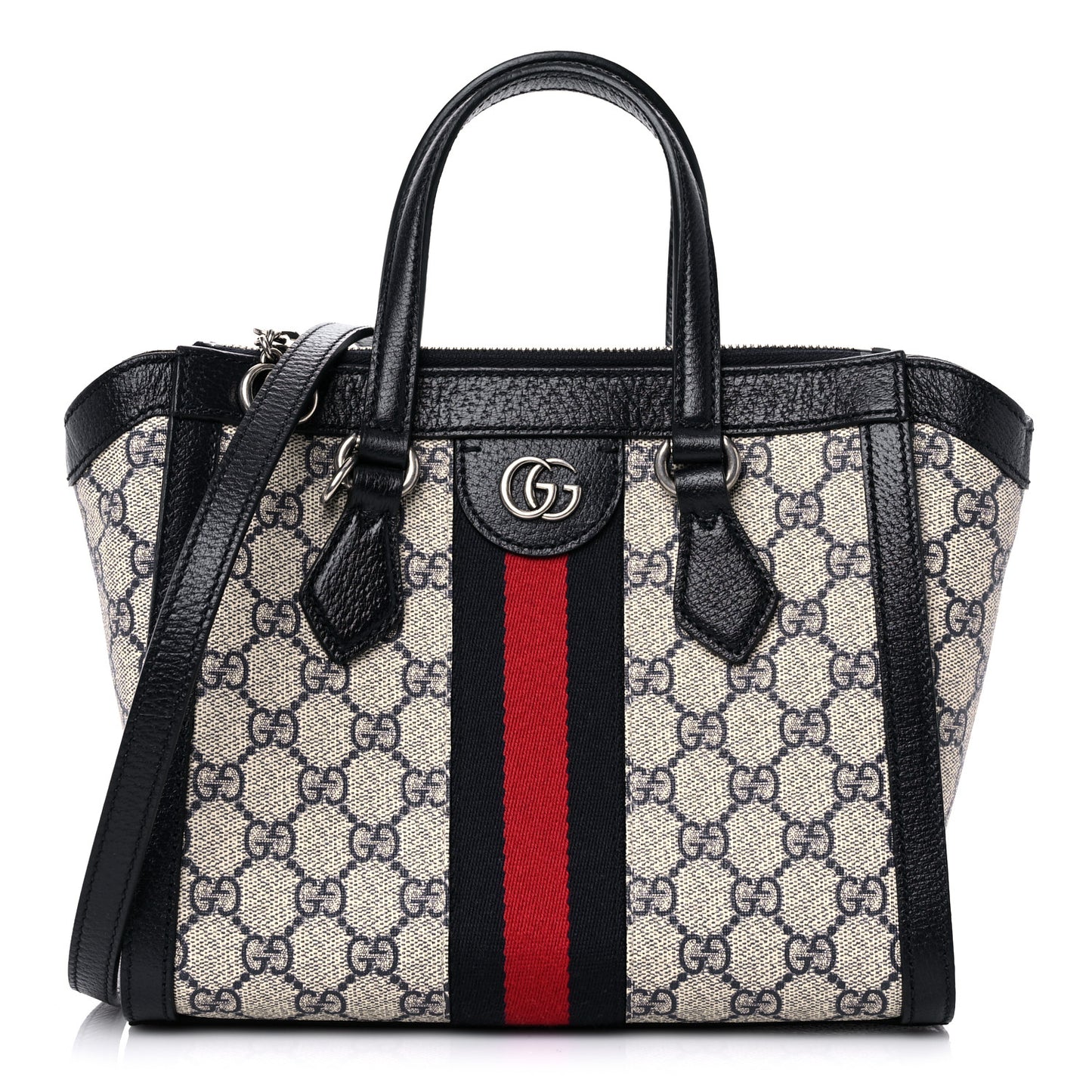 GG Supreme Monogram Textured Dollar Calfskin Web Small Ophidia Tote Bag Beige Blue