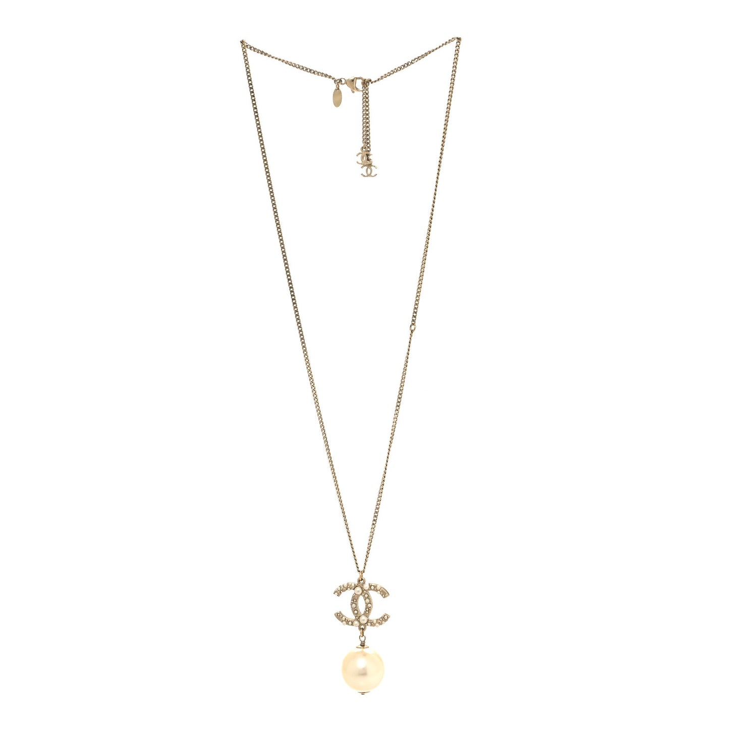 Crystal Pearl CC Drop Necklace Gold