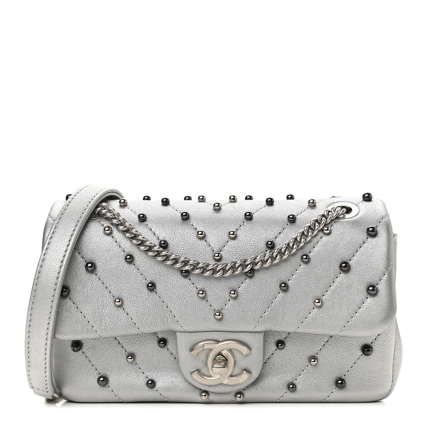 Metallic Lambskin Chevron Quilted Studded Mini Rectangular Flap Silver