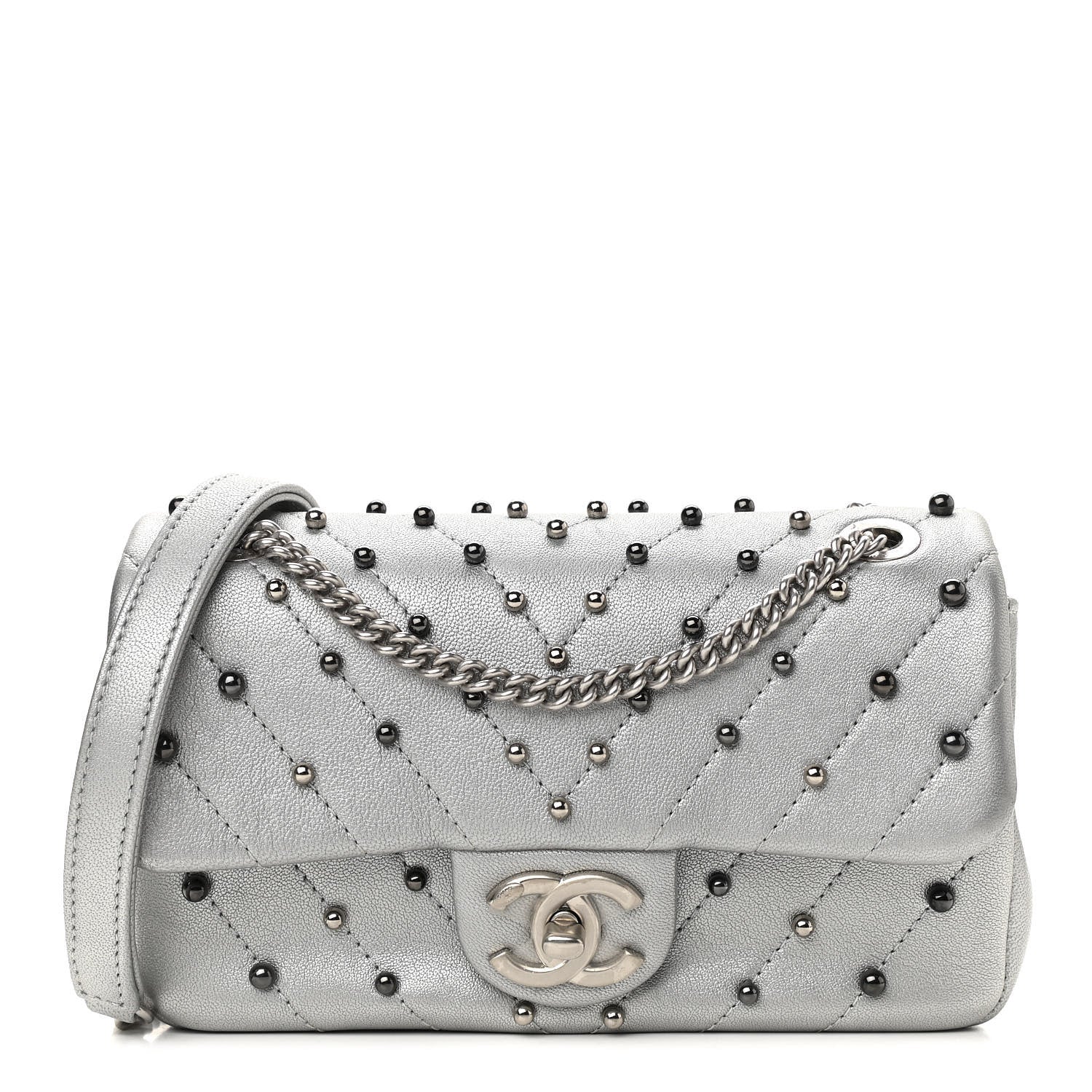 Chanel Metallic Lambskin Chevron Quilted Studded Mini Rectangular Flap Silver 1 of 11