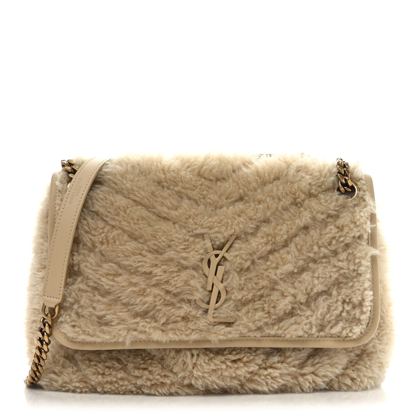 Calfskin Shearling Monogram Medium Niki Chain Satchel Natural Beige