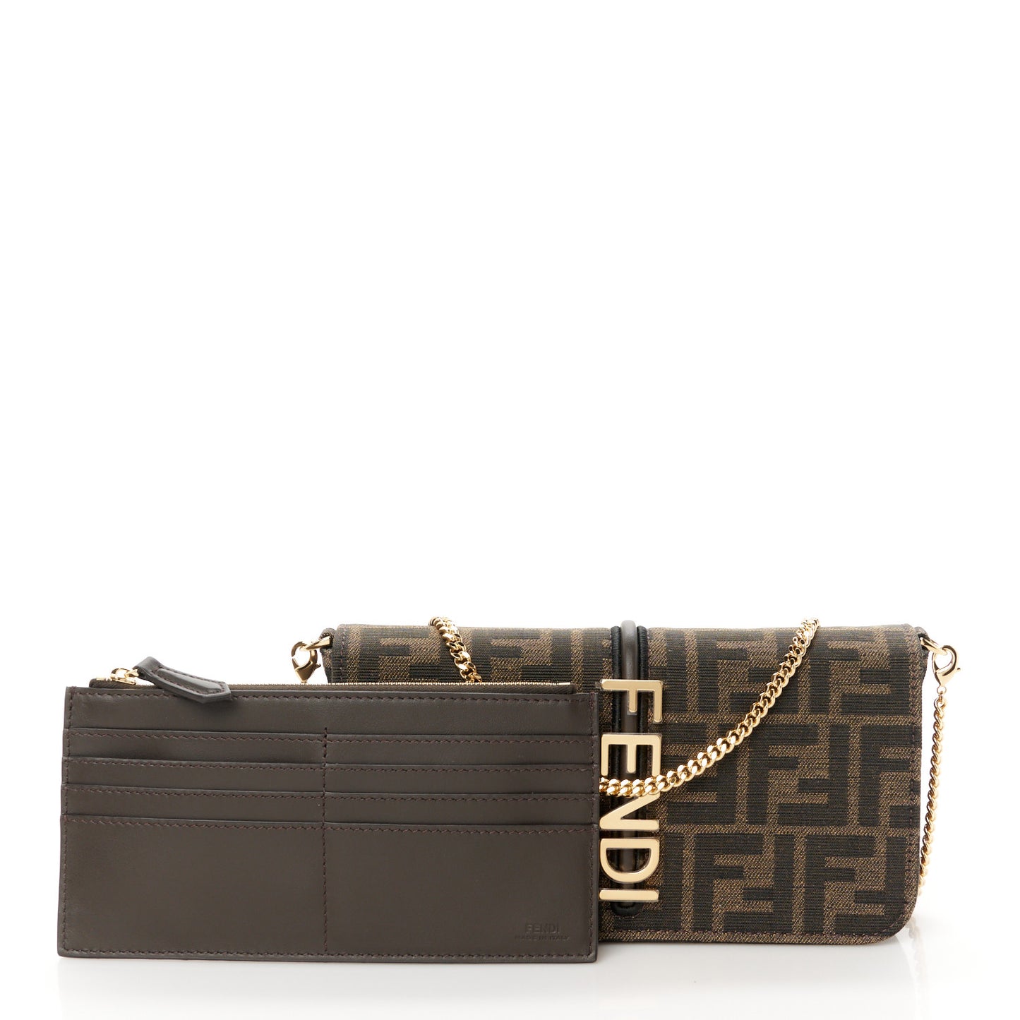 Fabric Jacquard Vitello Grace FF 1974 Fendigraphy Wallet On Chain Tobacco Moro Ebano