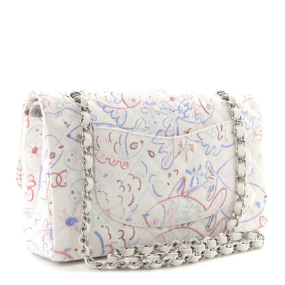 Chanel Denim Printed Fish Quilted Medium Double Flap White Multicolor 3 of 10