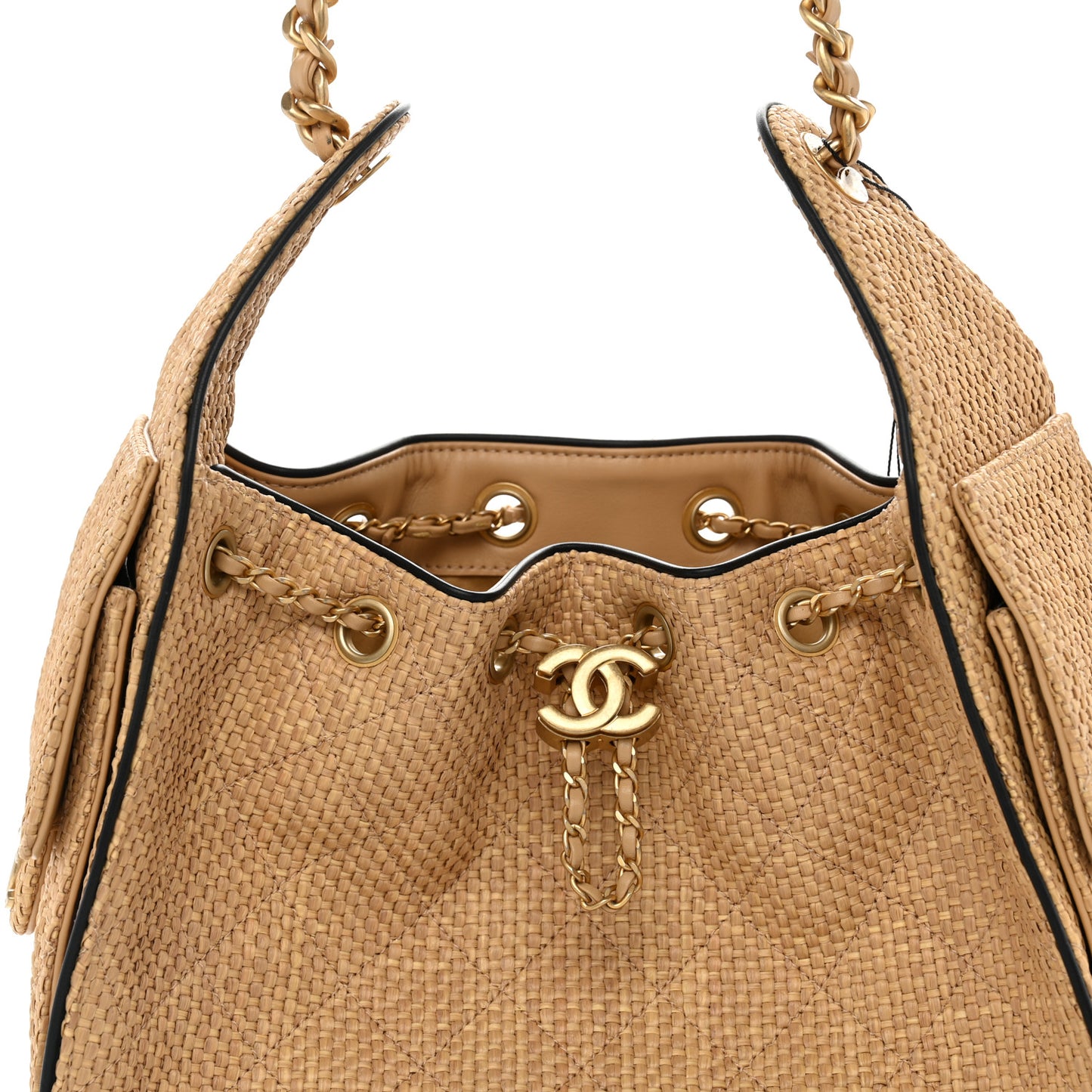 Braided Raffia Calfskin Small Chanel 25 Handbag Beige Black
