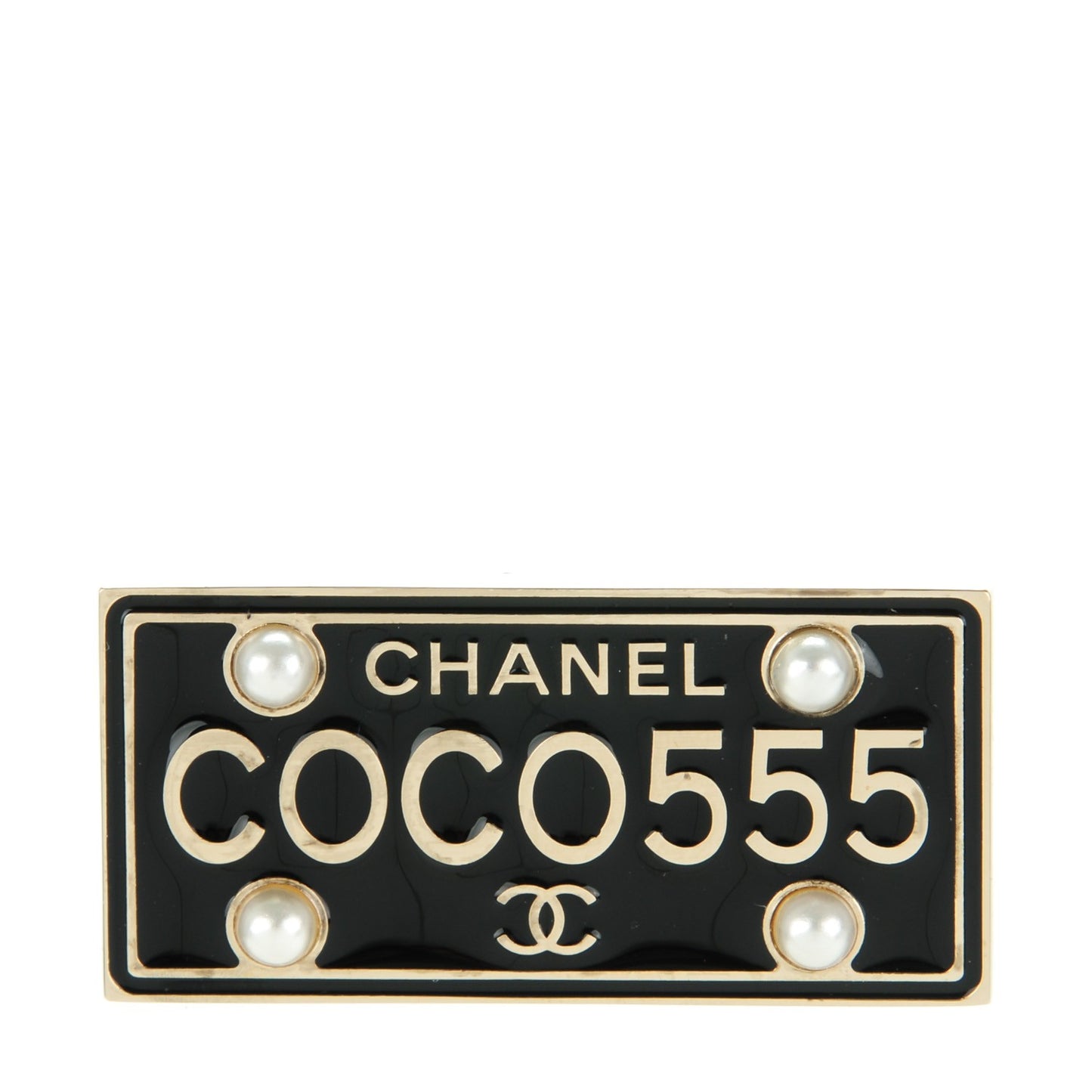 Metal Resin Pearl Coco License Plate Brooch Black Gold