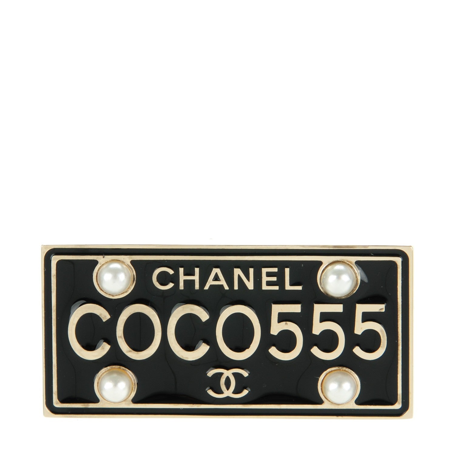 Chanel Metal Resin Pearl Coco License Plate Brooch Black Gold 1 of 5