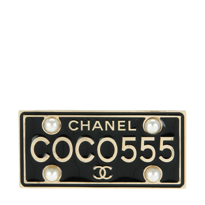Chanel Metal Resin Pearl Coco License Plate Brooch Black Gold 1 of 5