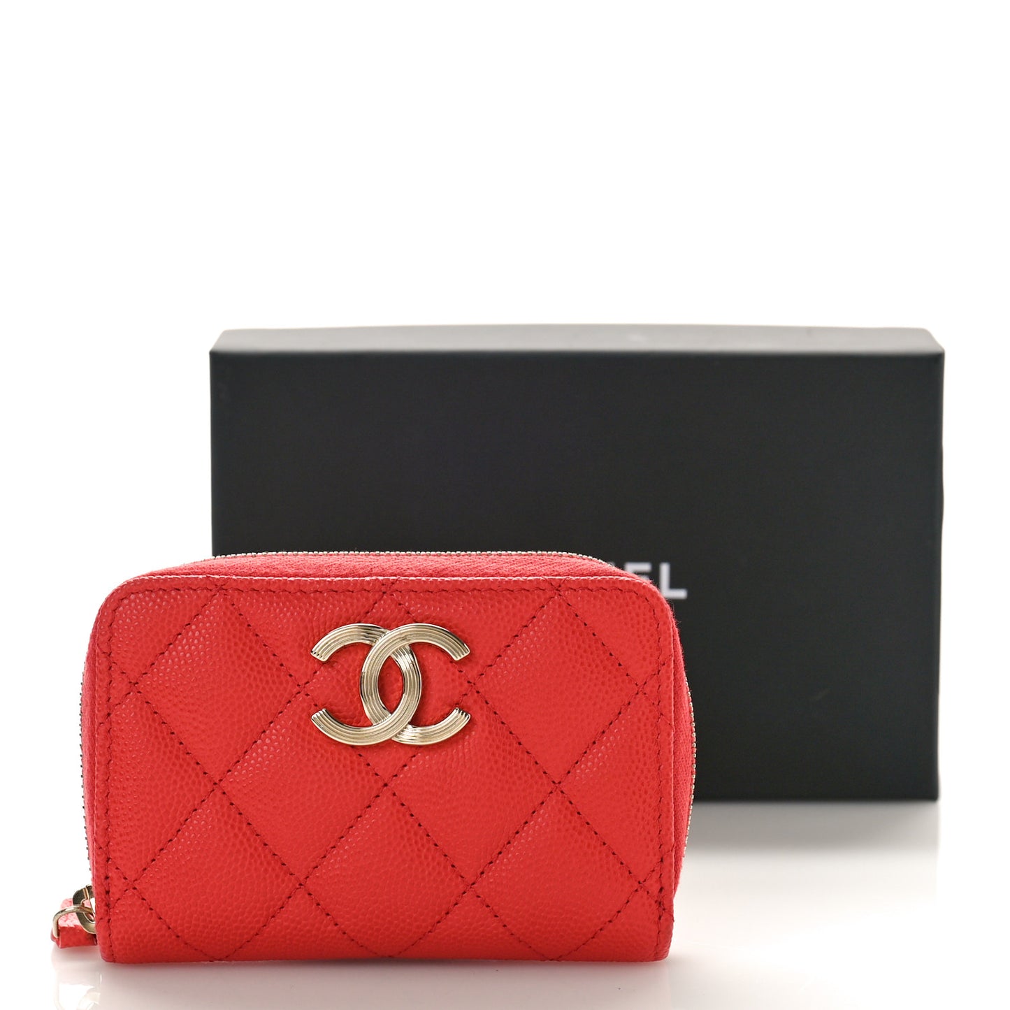 Caviar Quilted Striated CC Zip Coin Purse Red