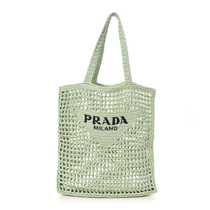 Prada Yarn Raffia Effect Crochet Logo Embroidered Tote Bag Acqua 1 of 9