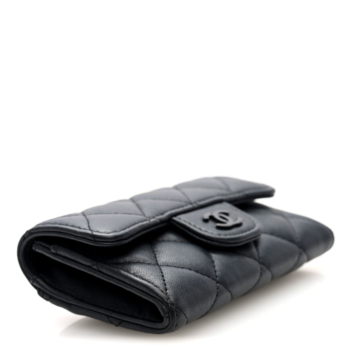 Pearly Lambskin Quilted Flap Card Holder Wallet So Black