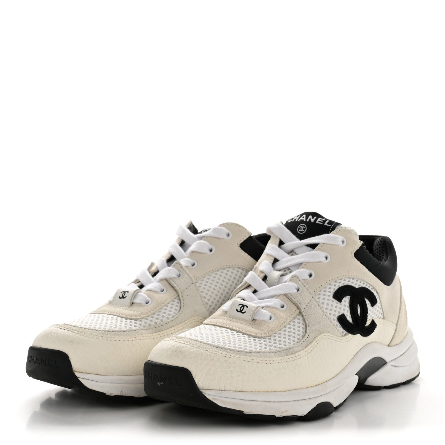Chanel Mesh Suede Grained Calfskin Womens CC Sneakers 36.5 White Black 4 of 9