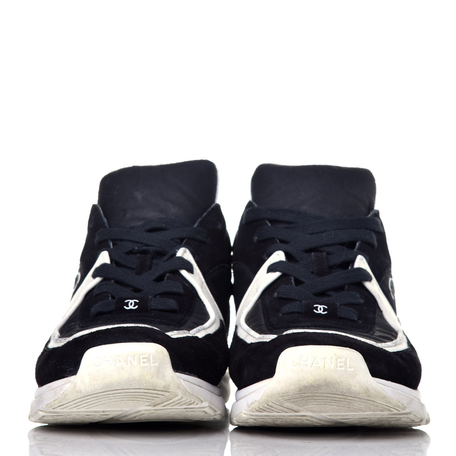 Chanel Fabric Calfskin Suede CC Womens Sneakers 42 Black Navy White 2 of 8