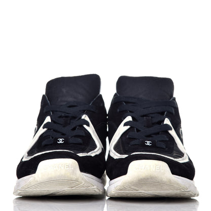 Chanel Fabric Calfskin Suede CC Womens Sneakers 42 Black Navy White 2 of 8