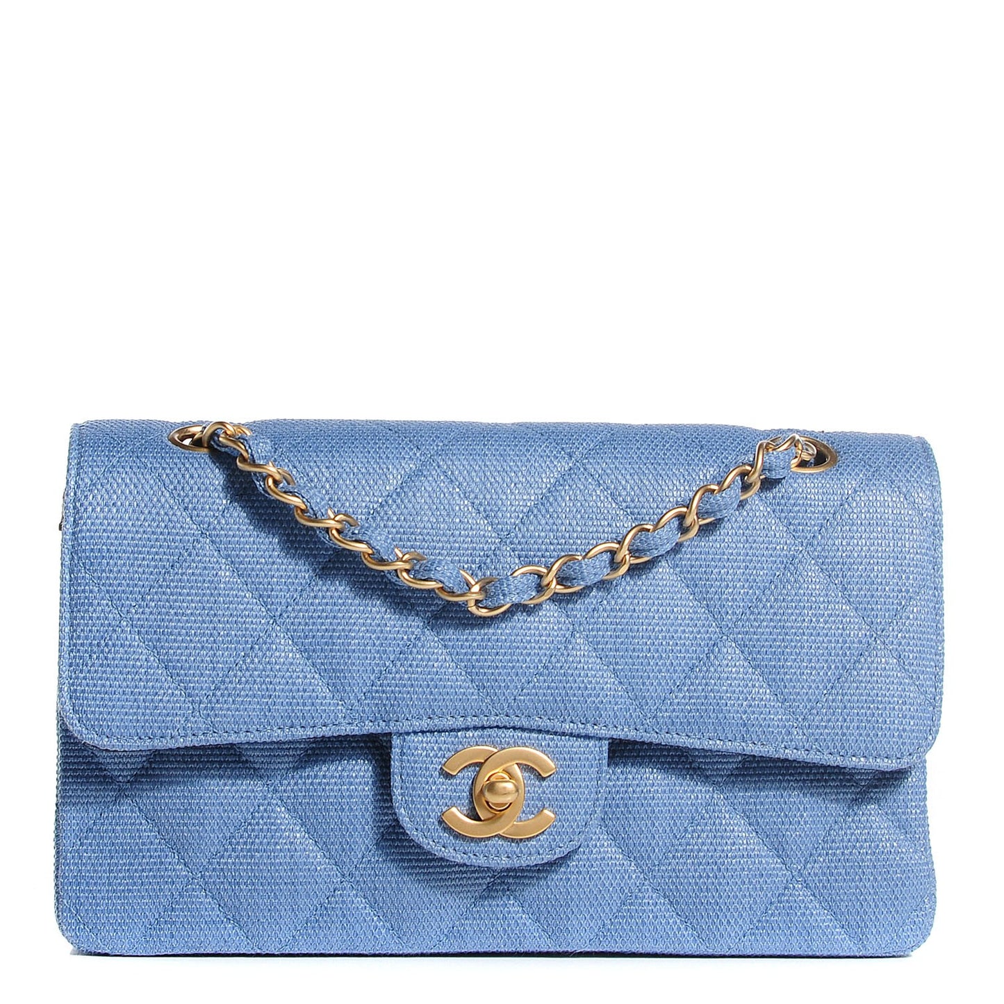 Woven Straw Quilted Small Double Flap Blue