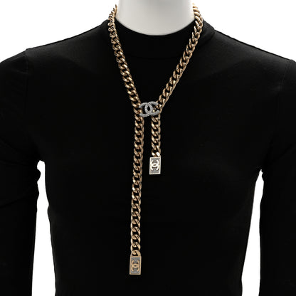Chanel Chain Link Crystal CC Dog Tag Charm Necklace Gold 2 of 5