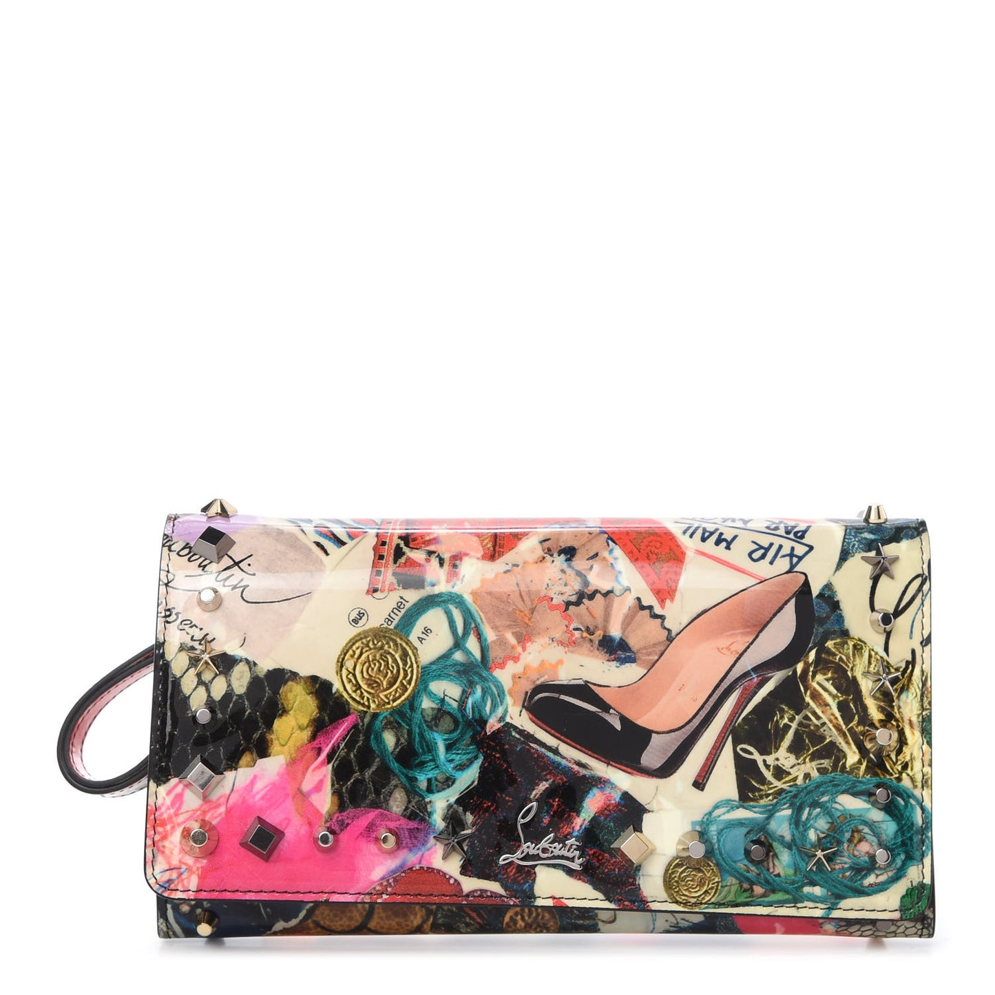 Patent Printed Collage Flap Wallet Multicolor