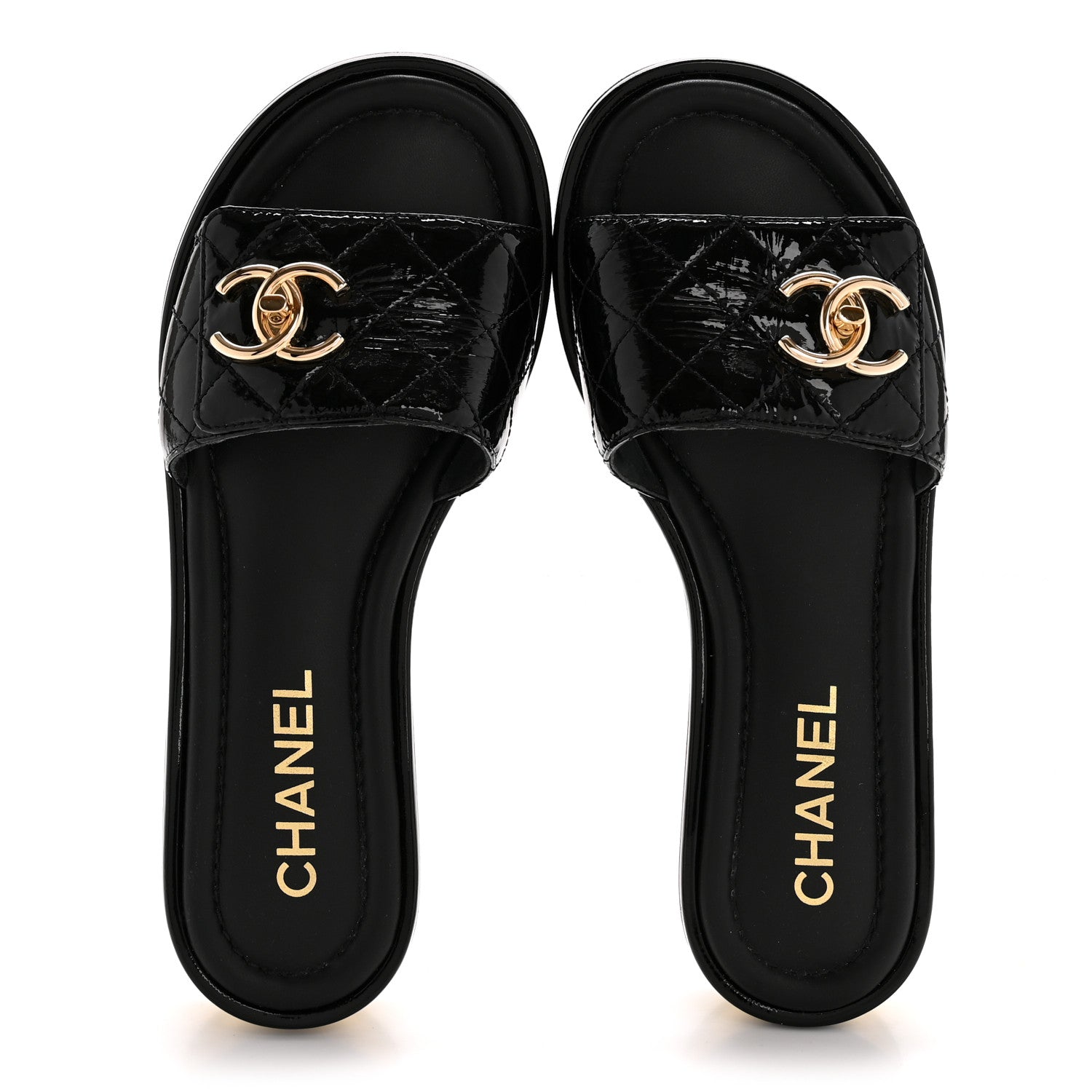 Chanel Patent Goatskin Quilted CC Mules Sandals 36 Black 2 of 11