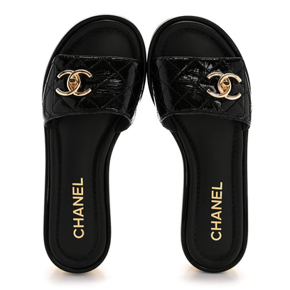 Chanel Patent Goatskin Quilted CC Mules Sandals 36 Black 2 of 11