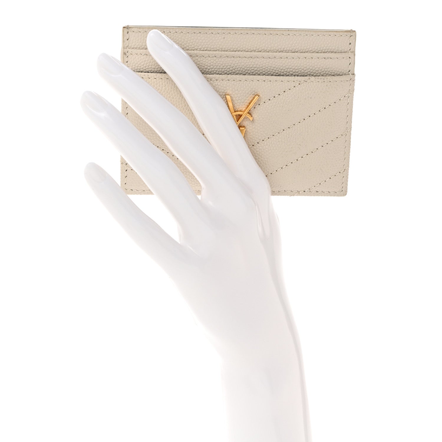Saint Laurent Grain De Poudre Matelasse Chevron Monogram Credit Card Case Crema Soft 2 of 11