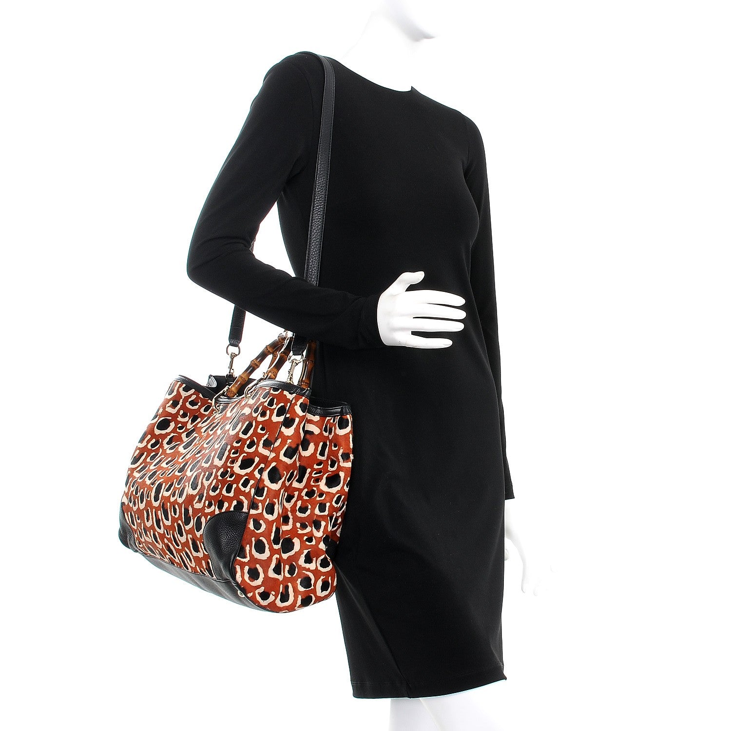 Gucci Calf Hair Leopard Print Large Bamboo Shopper Tote Red 2 of 10