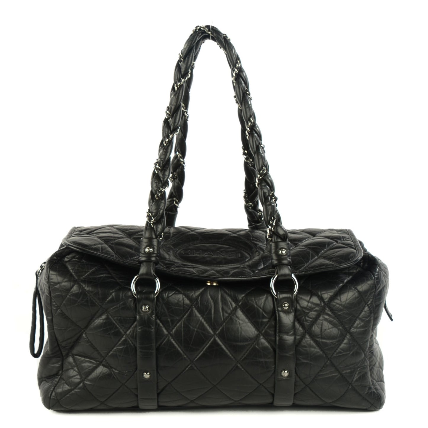 Distressed Lambskin Quilted Lady Braid Flap Tote Black