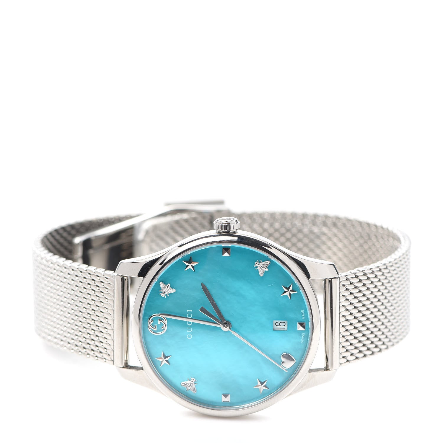 Gucci Stainless Steel Turquoise Mother of Pearl 38mm G-Timeless Charm Quartz Watch 2 of 6