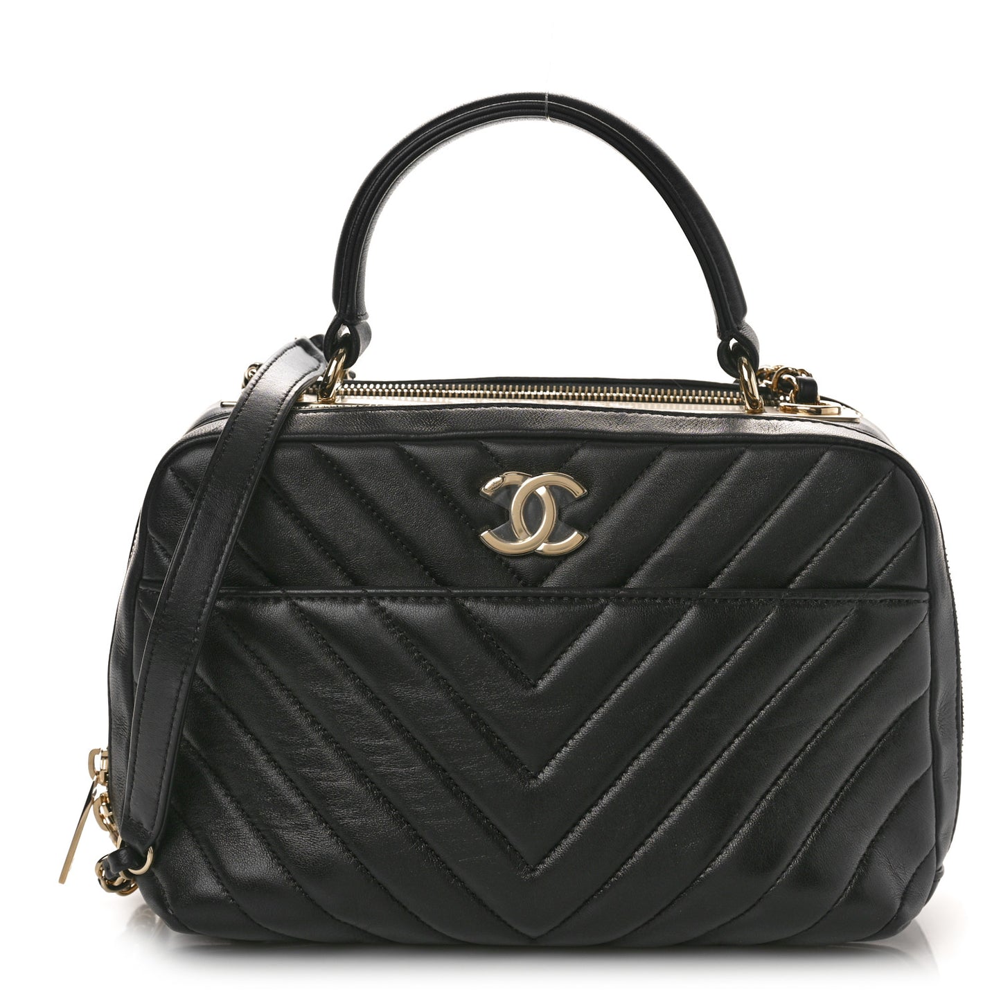 Lambskin Chevron Quilted Small Trendy CC Bowling Bag Black