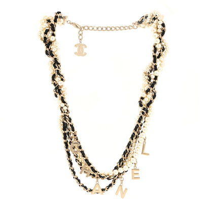 Chanel Lambskin Pearl Logo Chain Necklace Black Gold 3 of 6