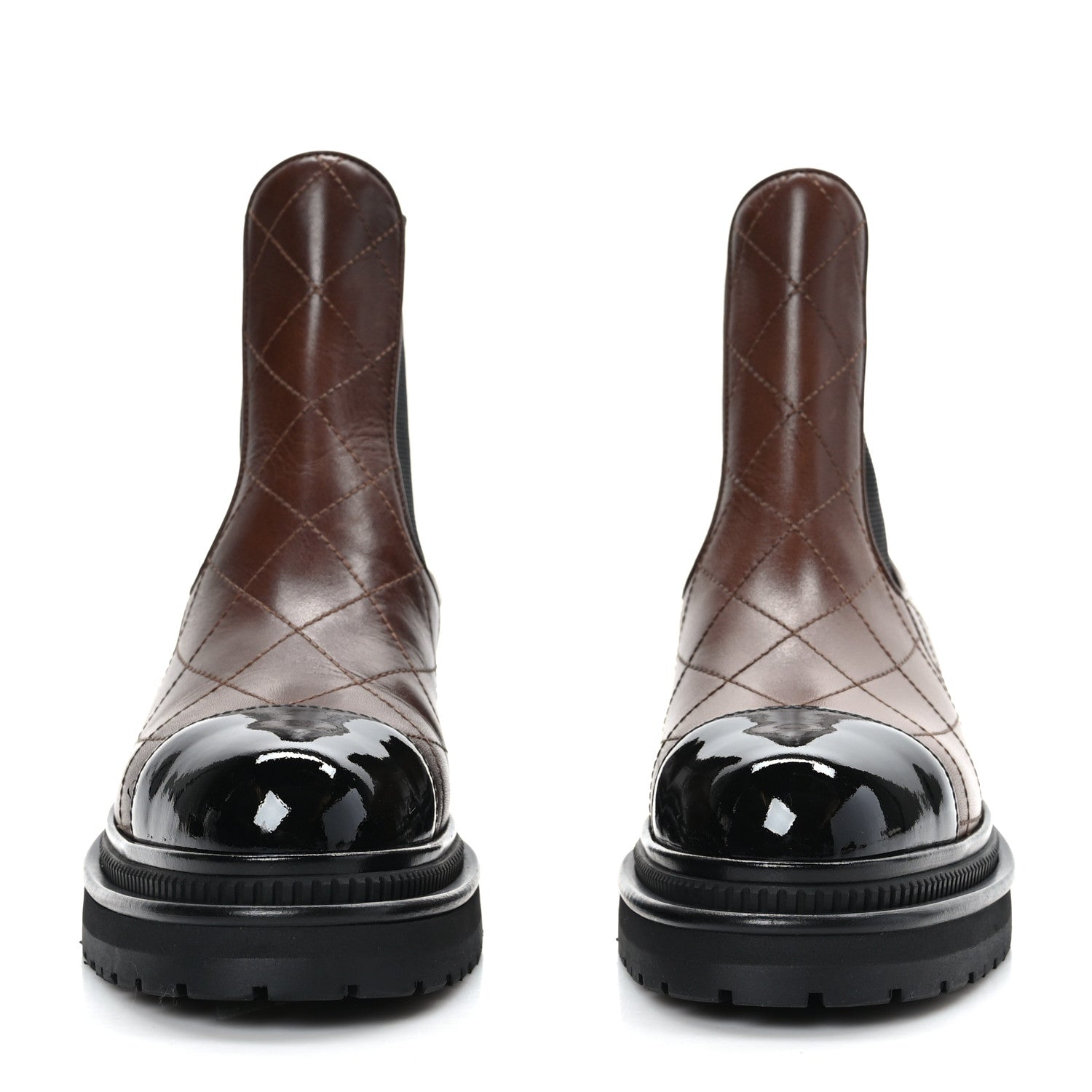 Chanel Calfskin Patent Cap Toe Quilted Short Boots 37 Brown Black 2 of 7