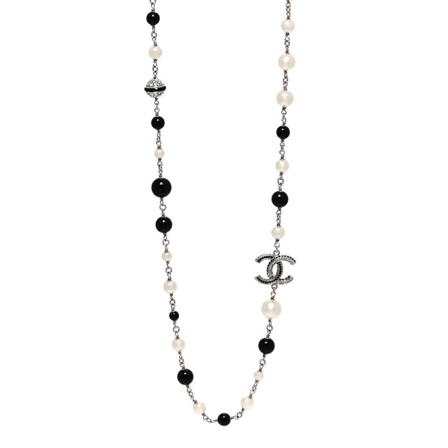 Pearl Crystal Bead CC Long Necklace Silver Black