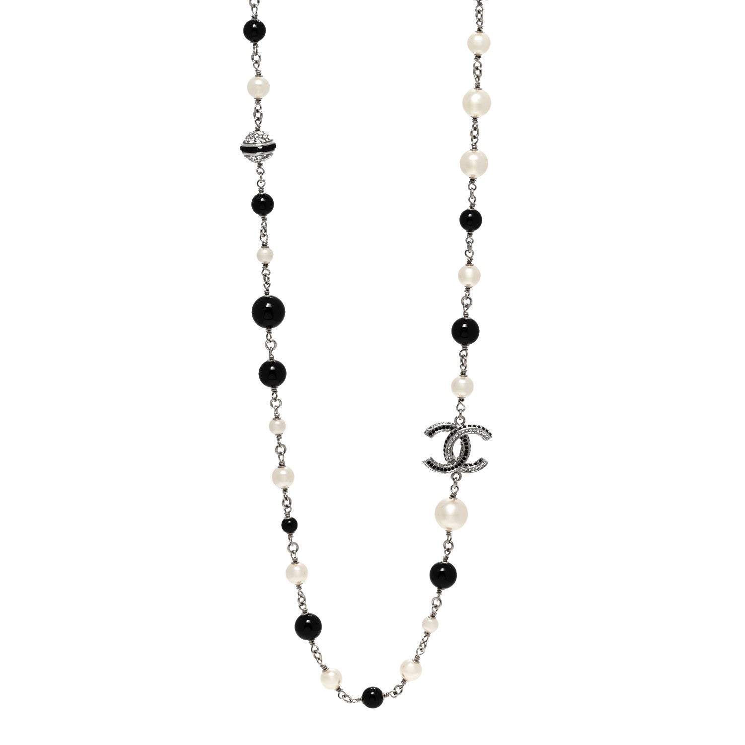 Chanel Pearl Crystal Bead CC Long Necklace Silver Black 1 of 6
