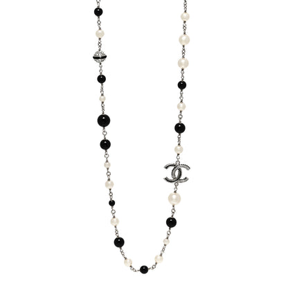 Chanel Pearl Crystal Bead CC Long Necklace Silver Black 1 of 6
