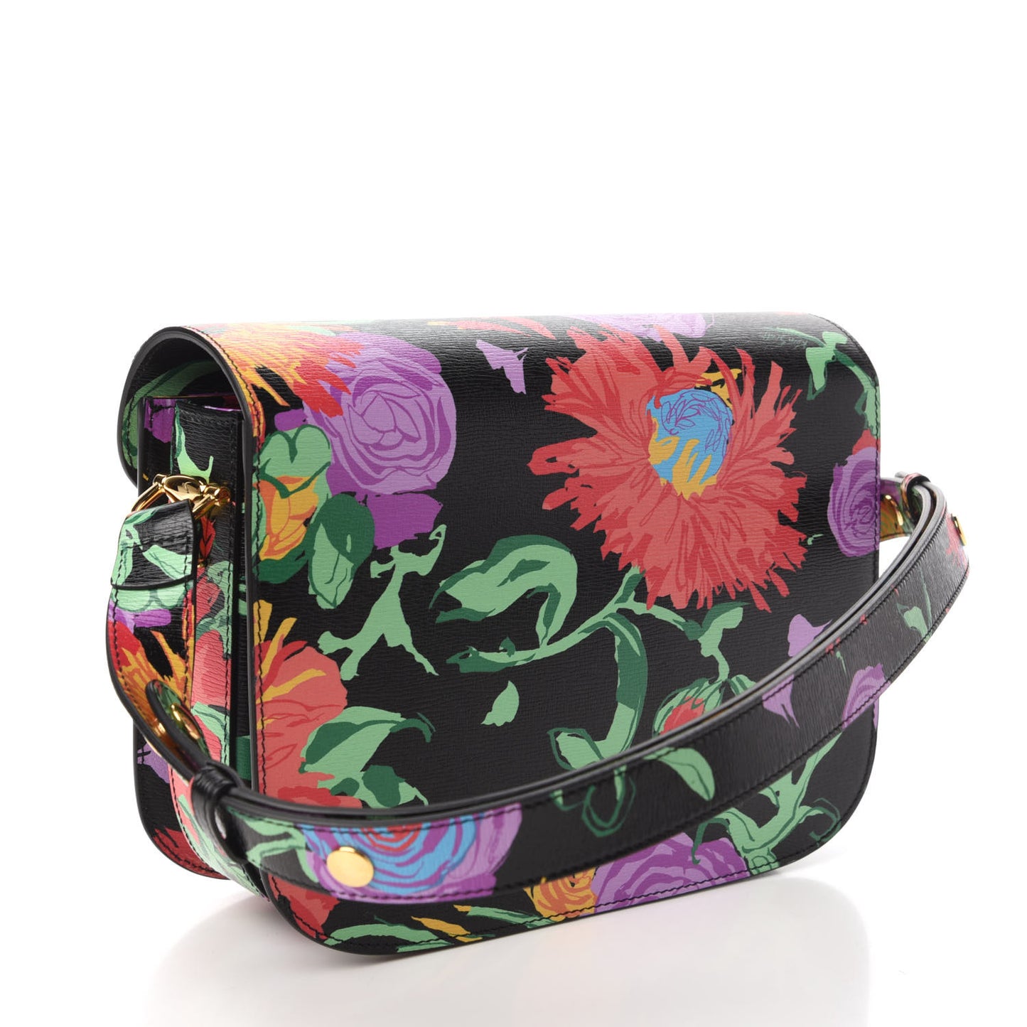 X KEN SCOTT New Shangai Calfskin Jenny Floral Print Horsebit 1955 Shoulder Bag Black Pink
