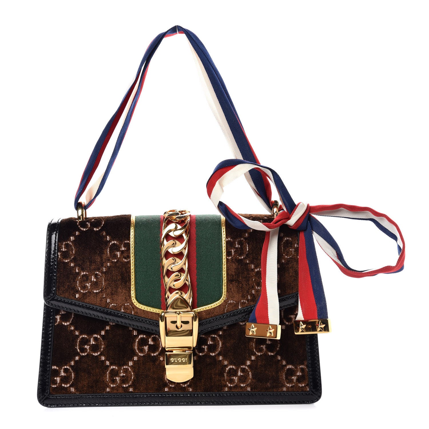 Gucci Velvet GG Monogram Web Small Sylvie Shoulder Bag Brown Black Oro Vecchio 1 of 10