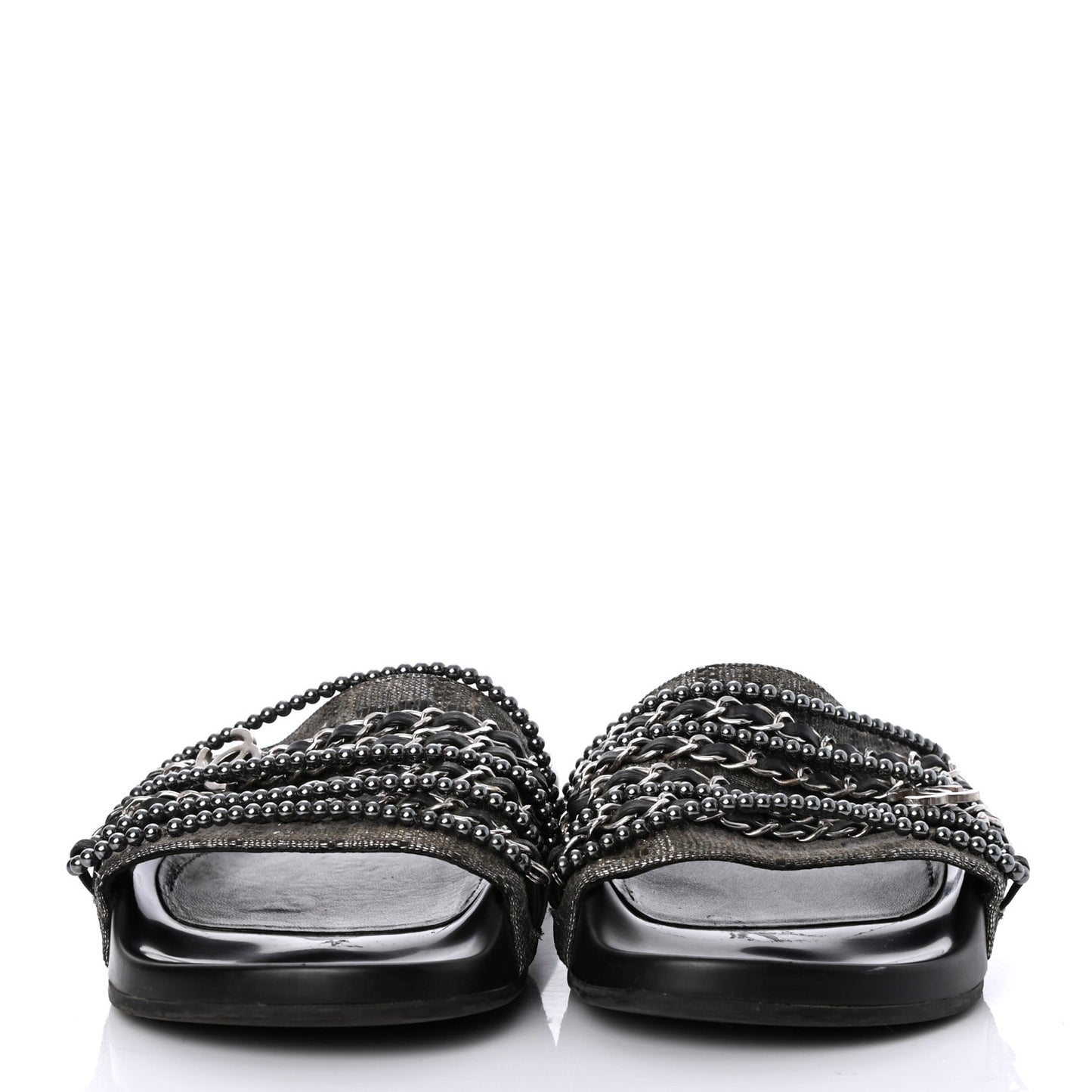 Fantasy Lambskin Pearl Chain CC Flat Mules 37 Silver Black