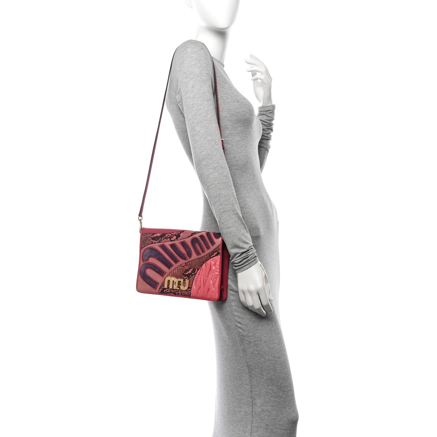 Miu Miu Goatskin Snakeskin Madras Nappa Matelasse Patchwork Shoulder Bag  Rosa 2 of 11