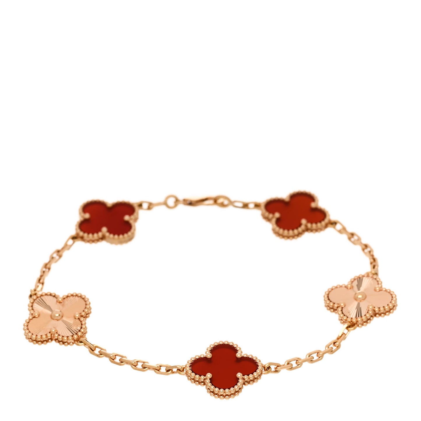 18K Rose Gold Carnelian 5 Motifs Guilloche Vintage Alhambra Bracelet