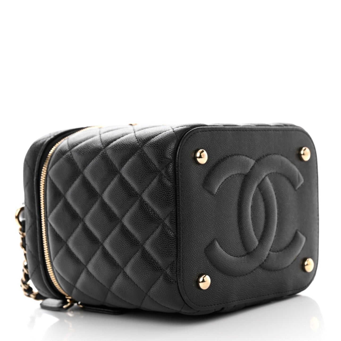 Caviar Quilted Small Top Handle Vanity Case With Chain Black