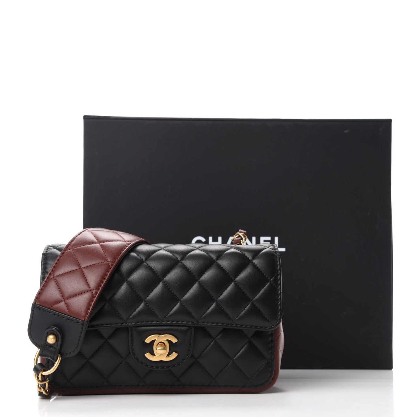 Calfskin Quilted Small Strap Into Flap Bag Black Brown