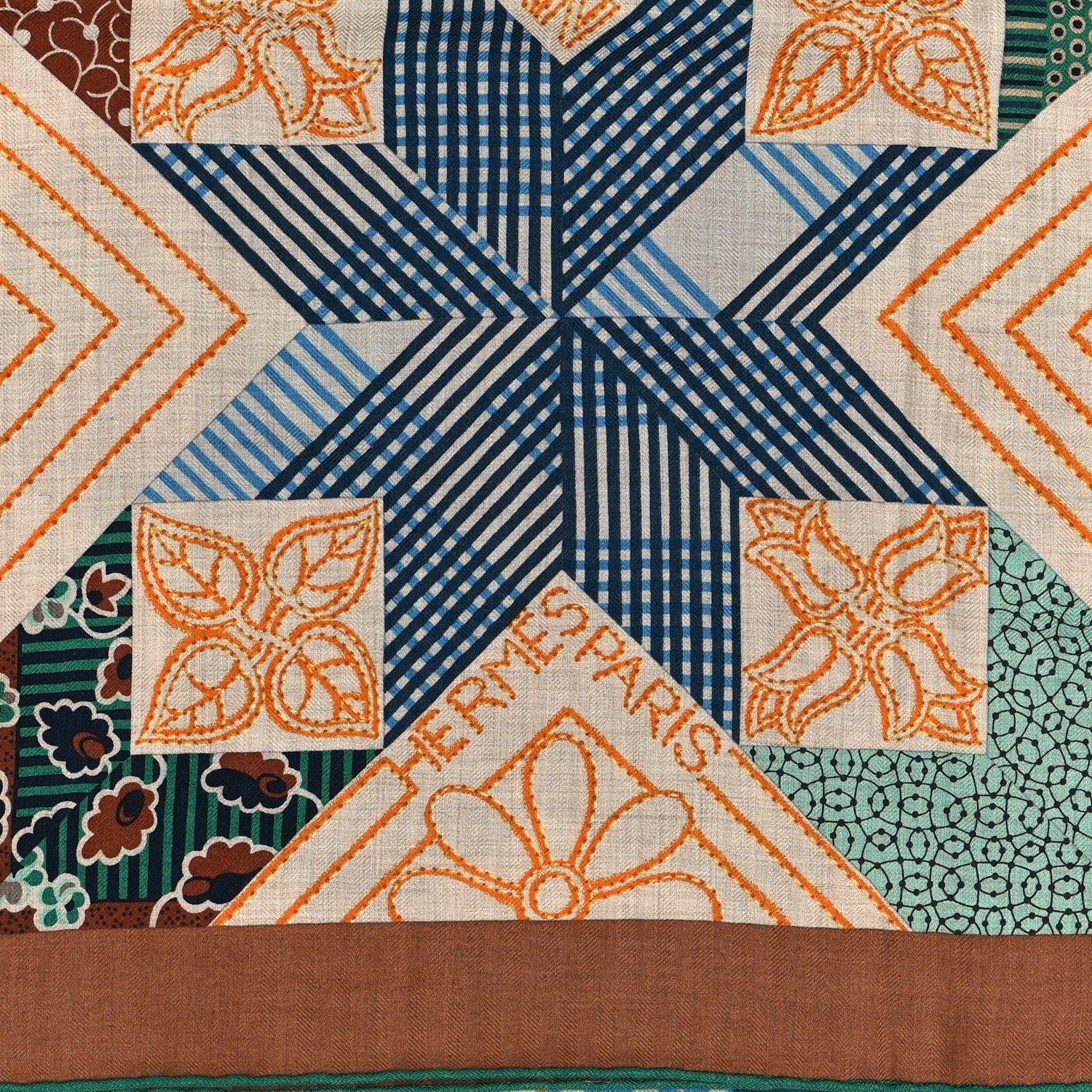 Hermes Cashmere Silk American Quilts Shawl 140 Noisette Natural Vert 2 of 5