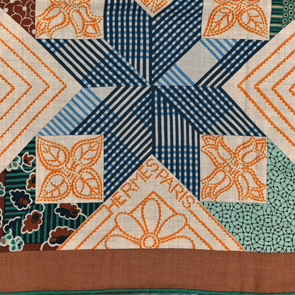 Hermes Cashmere Silk American Quilts Shawl 140 Noisette Natural Vert 2 of 5