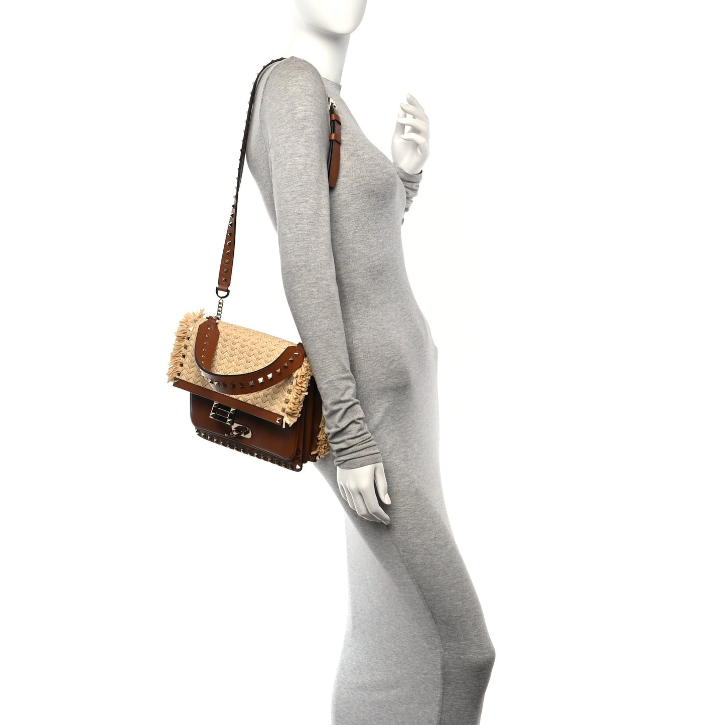 Raffia Woven Calfskin Rockstud Bag Natural Saddle Brown