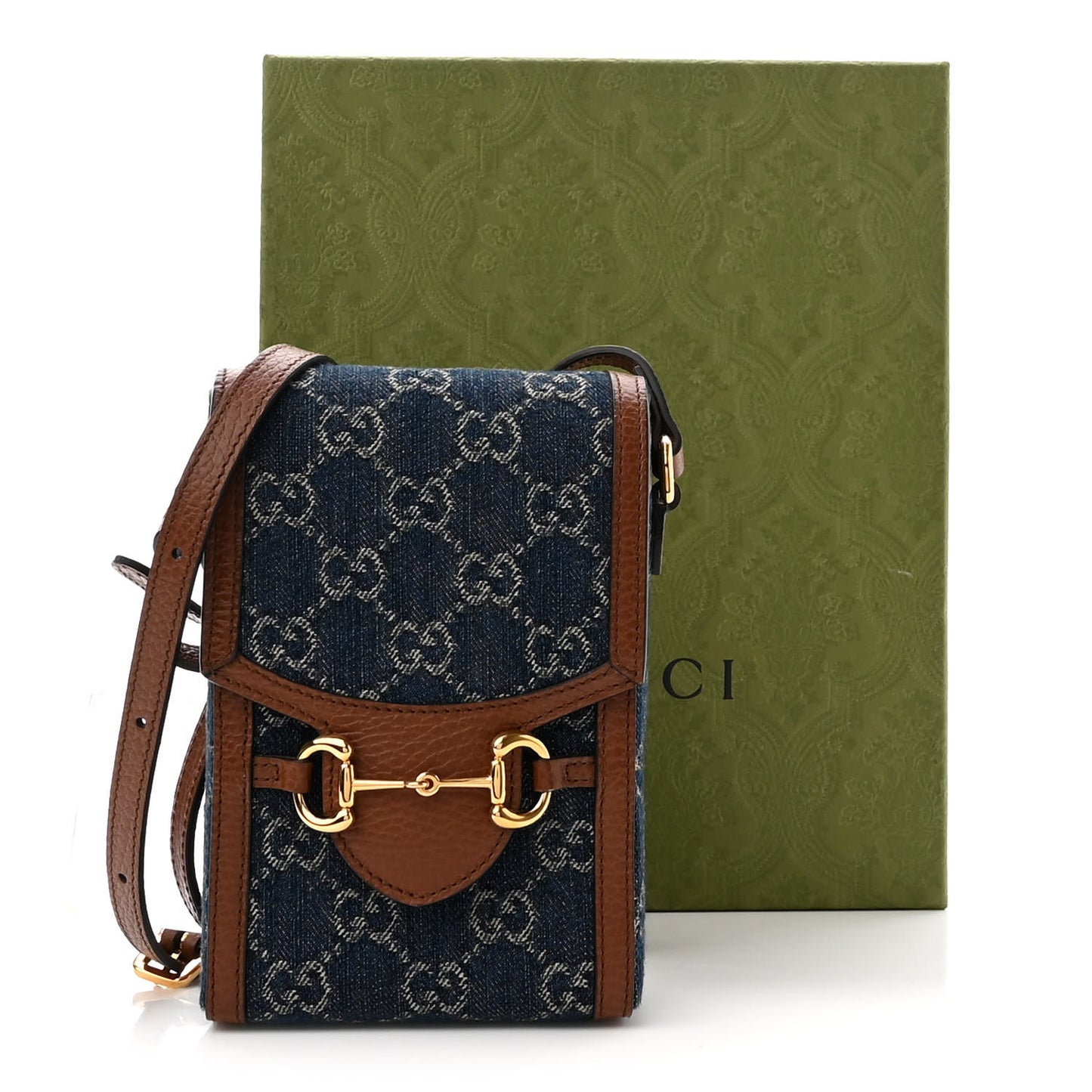 New Denim GG Monogram Dollar Calfskin Mini Horsebit 1955 Crossbody Bag Blue Tea Cuir Epilog