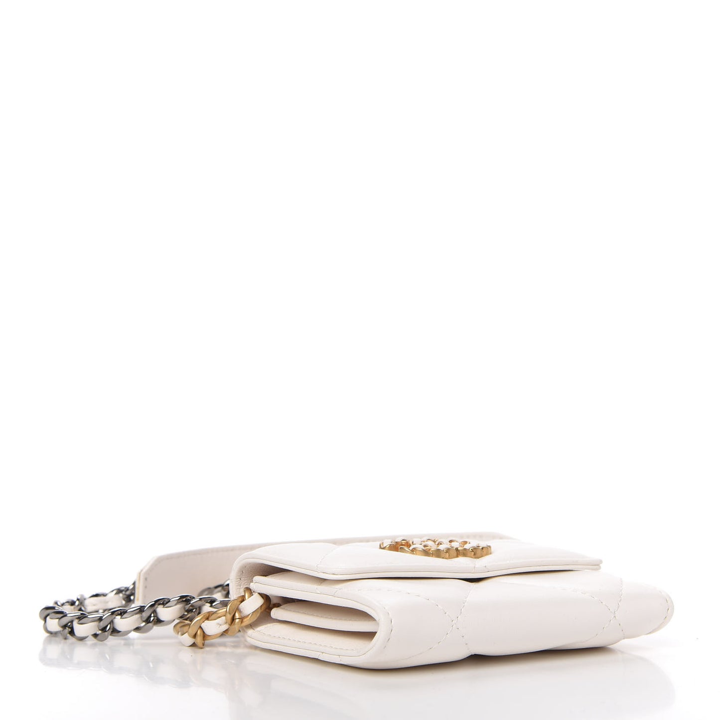 Shiny Goatskin Quilted Chanel 19 Flap Coin Purse With Chain White