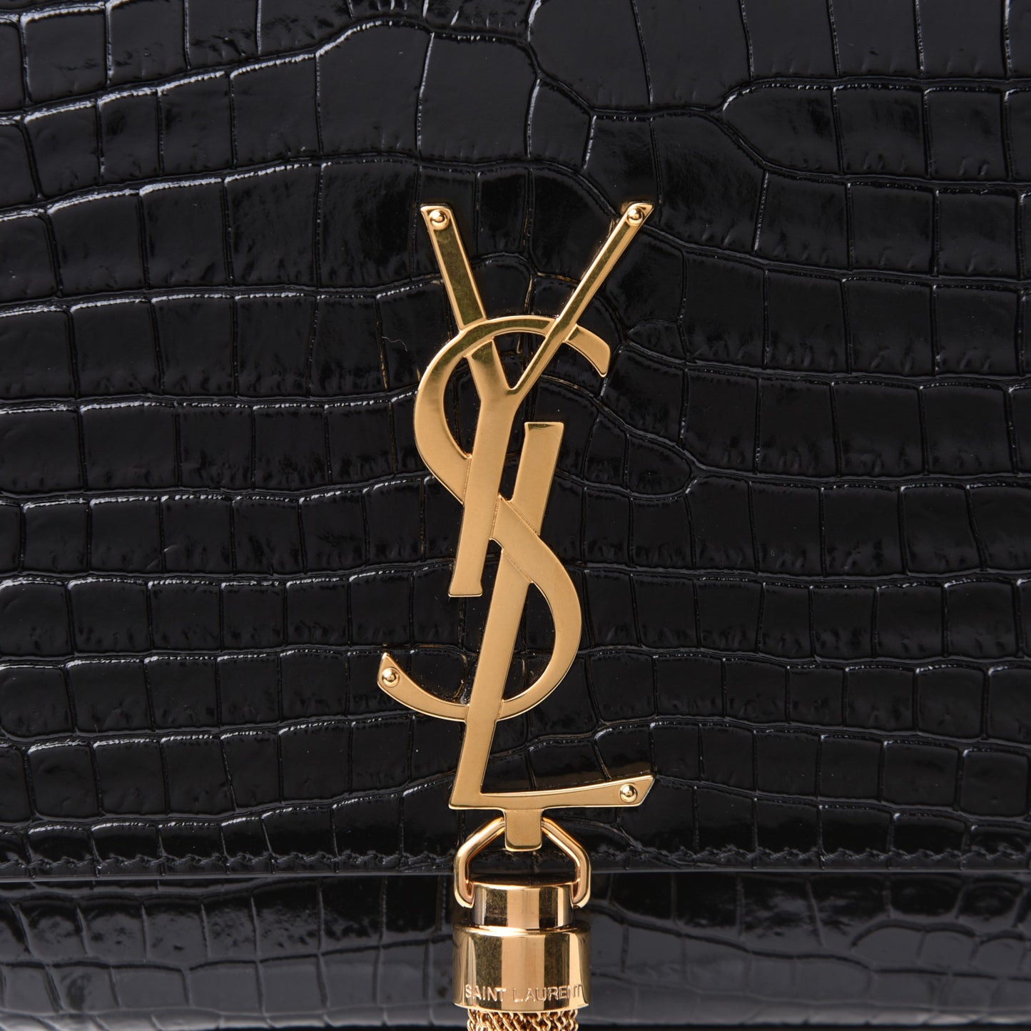Calfskin Crocodile Embossed Medium Classic Monogram Kate Tassel Satchel Black