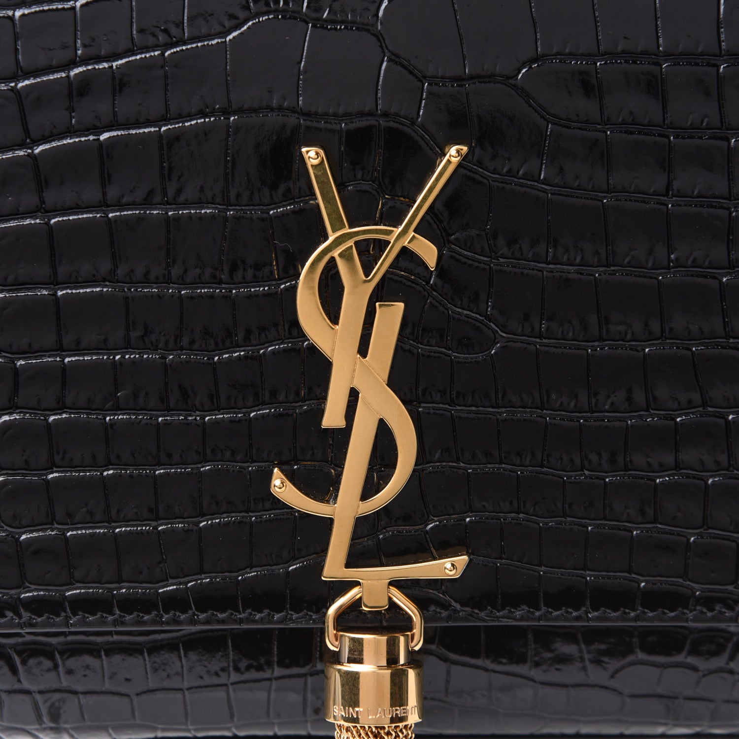 Saint Laurent Calfskin Crocodile Embossed Medium Classic Monogram Kate Tassel Satchel Black 8 of 10