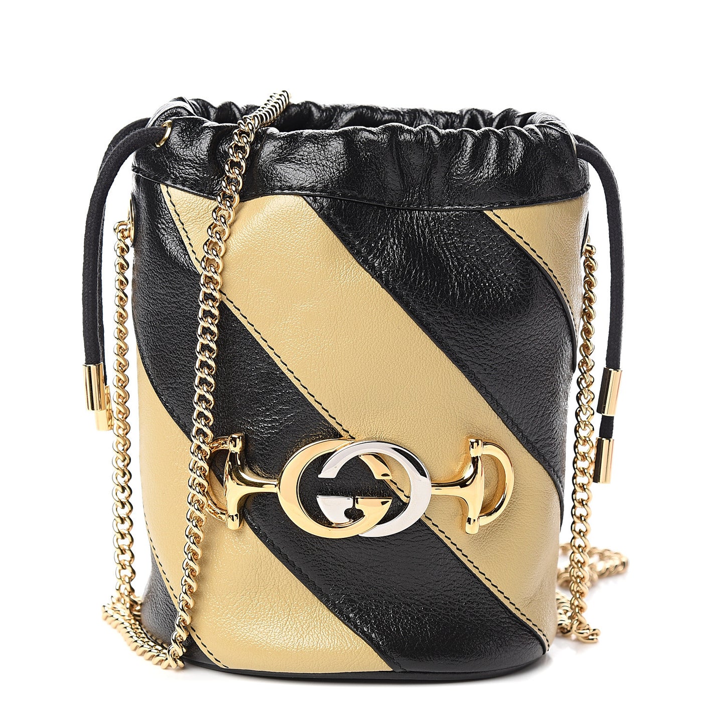 Calfskin Diagonal Striped Mini Zumi Bucket Bag Black Beige