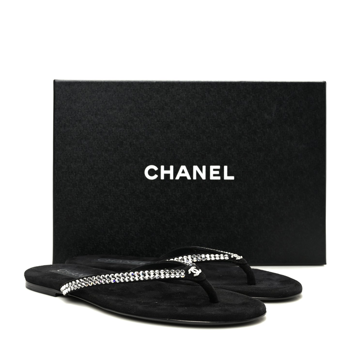 Suede Kidskin Strass CC Thong Sandals 38.5 Black